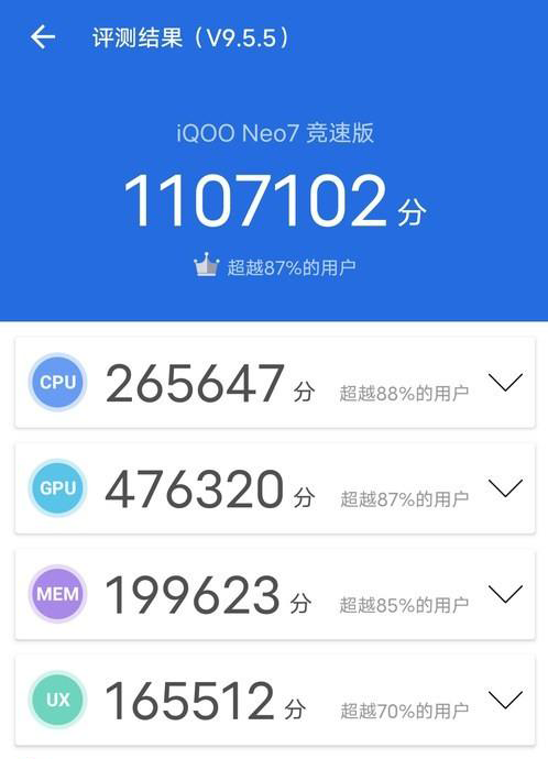 vivo iQOO Neo7竞速版安兔兔性能跑分是多少