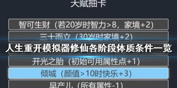 人生重开模拟器修仙各阶段体质条件一览[人生重开模拟器灵脉期如何突破]