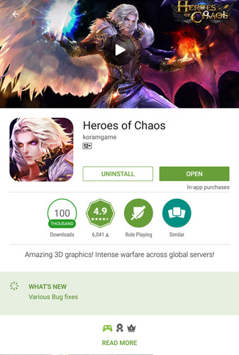 海外市场成绩亮眼《HeroesofChaos》获Google评分4.9分